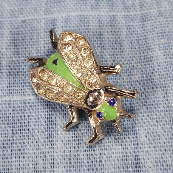 1950s Vintage Bug Pin with Clear Rhinestones and Green Enamel by Coro - Picture 4 of 5